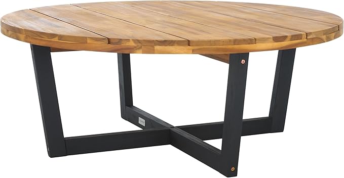 SAFAVIEH Outdoor Collection Leo Natural/Black 4-Leg Round Coffee Table - Image 4