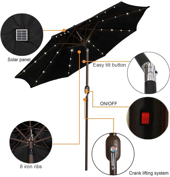 Blissun 9 ft Solar Umbrella, 32 LED Lighted Patio Umbrella, Table Market - Image 2