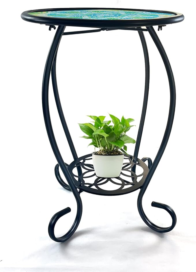 LIFFY Mosaic Outdoor Side Table, Mosaic Plant Stand, End Table W/Storage Shelf by LiffyArt