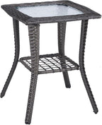 VINGLI Outdoor Side Table with Storage Wicker Patio Side Table, Tempered Glass by VINGLI