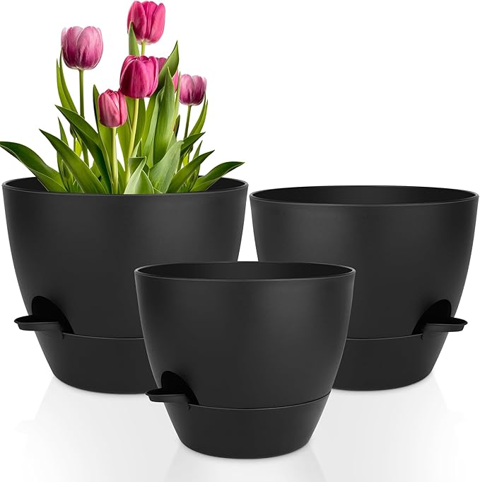 Plant Pots 12/10/9 Inch Self Watering Pots, Plastic Flower Pots, Nursery by QRRICA