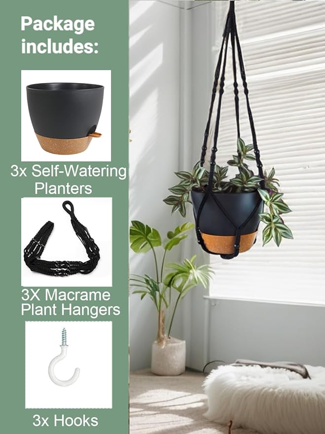 3 Pack Self Watering Hanging Planters Macrame Plant Hangers - Image 4