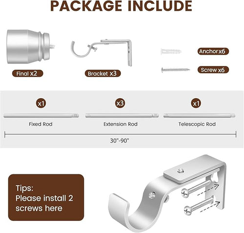 1” Diameter Silver Curtain Rods Itself is 30 to 90 inch, 1 Pack Fit 30-84 inch - Image 2