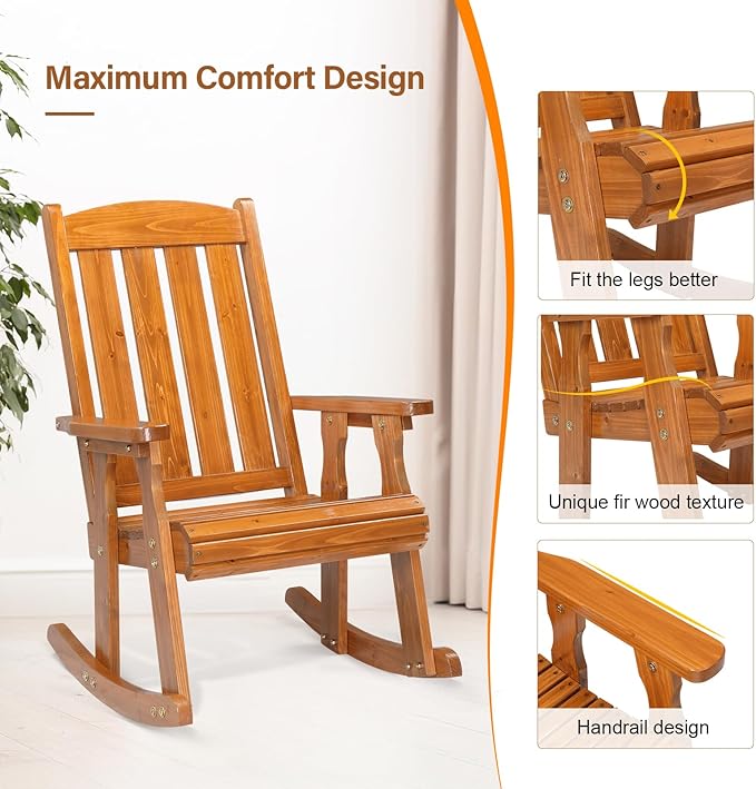 VINGLI Heavy Duty 600 LBS Outdoor Wooden Rocking Chair - Image 6