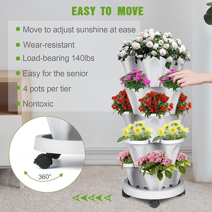 Vertical Strawberry Planter 5 Tier Stackable Tower Herb Planters-Stacking - Image 4
