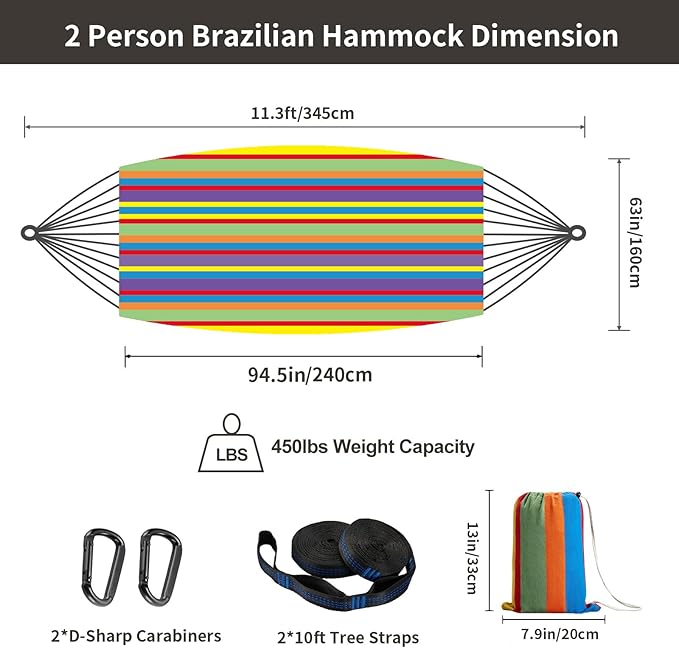 Brazilian Double Hammock with Tree Straps, Extra Large 94x63IN, 2 Persons - Image 3