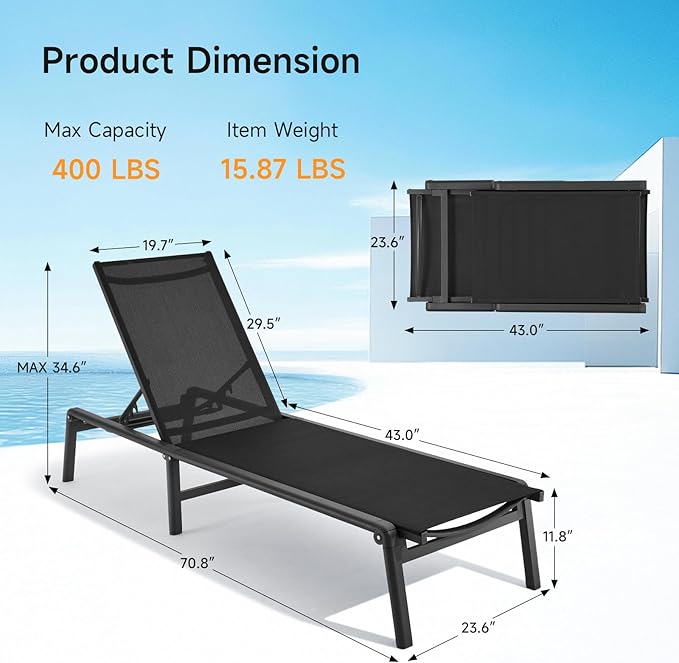 ONBRILL Aluminum Chaise Lounge Chair Outdoor, Foldable & Assembly Free Outdoor - Image 2