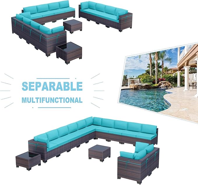 Kullavik 14 Pieces Outdoor Patio Furniture Set PE Wicker Rattan Sectional Sofa - Image 5