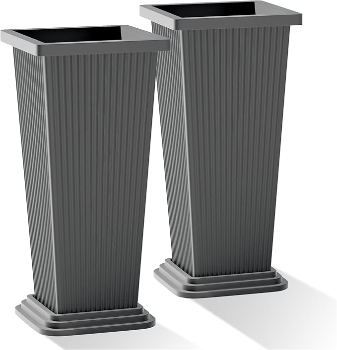 Set of 2 Tall Planters with Drainage Tray, 24 Inch Large Flower Pots by PolarcoForgeco