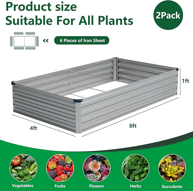 Vengarus 8x4x1FT Galvanized Raised Garden Bed Kit, Outdoor Metal Planter Box - Image 2