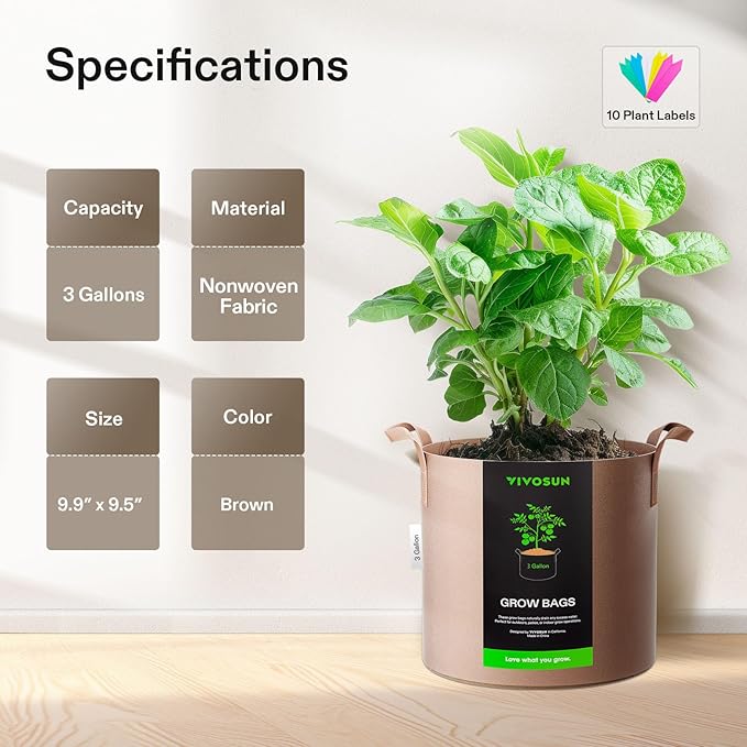 VIVOSUN 5-Pack 3 Gallons Grow Bags Heavy Duty Thickened Nonwoven Fabric Pots - Image 2