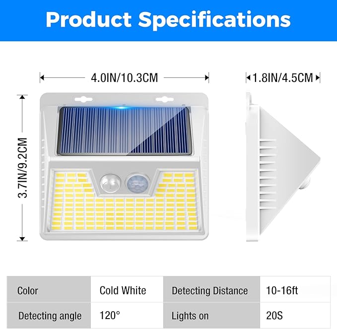 Peasur White Frame Solar Motion Sensor Lights Outdoor, 2 Packs 180LED Warm - Image 6