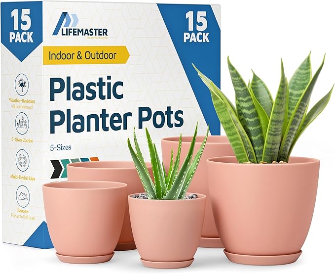 Pink Plant Pots with Drainage Holes & Saucers 15 Pack, Indoor & Outdoor by LIFEMASTER