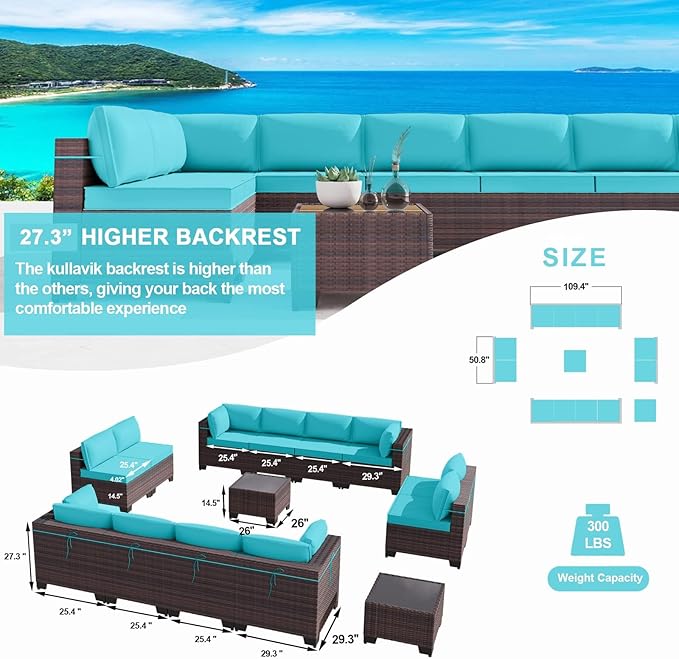 Kullavik 14 Pieces Outdoor Patio Furniture Set PE Wicker Rattan Sectional Sofa - Image 4