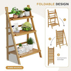 39.4" Foldable Plant Shelf Ladder Shelf, 3 Tier Bamboo Ladder Flower Pot - Image 2