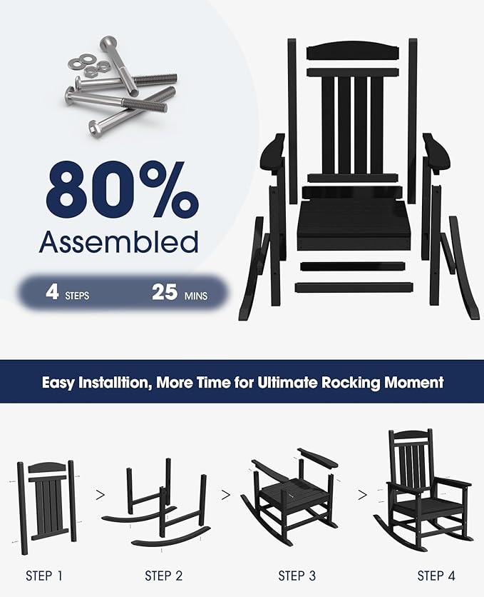 KINGYES HDPE Outdoor Rocking Chair, Widened Seat Patio Rocking Chair, Oversized - Image 7