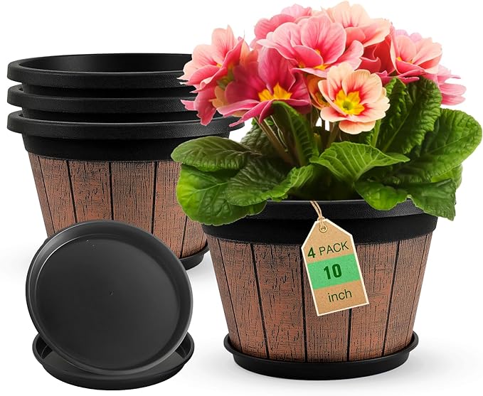 Quarut 4 Pack 10 inch Plant Pots, Upgrade Whiskey Barrel Planters by Quarut