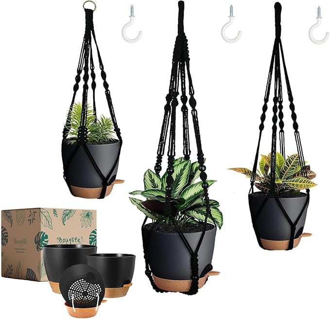 3 Pack Self Watering Hanging Planters Macrame Plant Hangers by Bouqlife