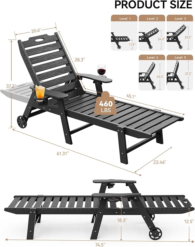 Carauci Lounge Chair Outdoor, HDPE Chaise Lounge - Image 3