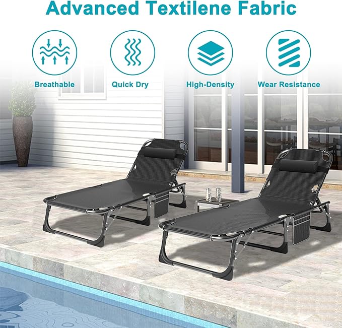 ABORON 2PK Heavy Duty Tanning Chair, 5-Gear Outdoor Folding Chaise Lounge Chair - Image 6