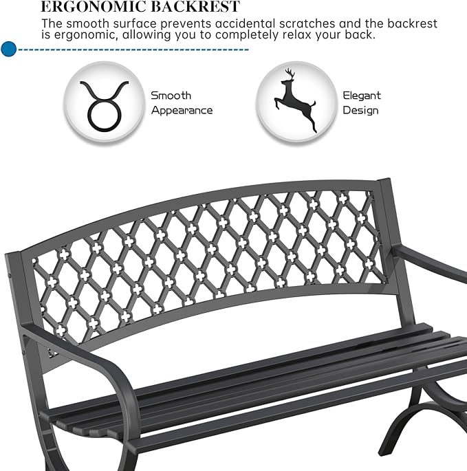 On Shine 50'' Patio Garden Bench, Loveseats Patio Park Bench, Metal Bench - Image 6