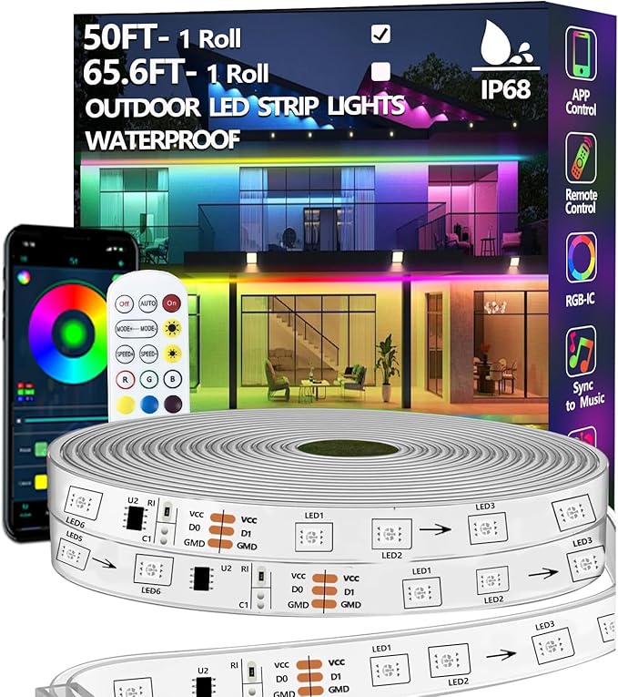50FT Outdoor LED Strip Light Waterproof, IP68 Outside RGB+IC Light Strip by httpsmp