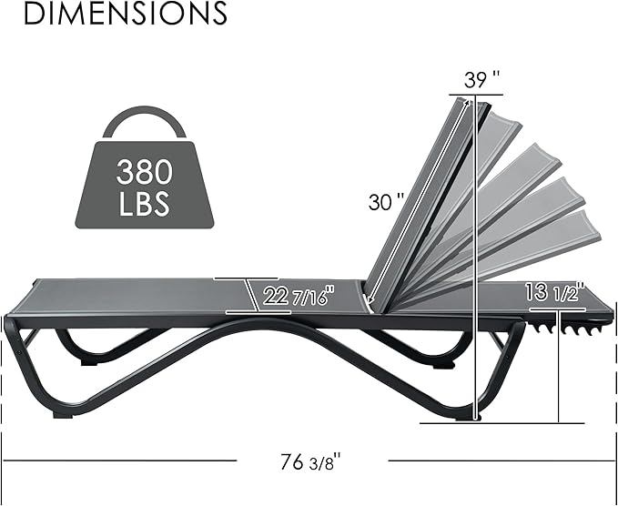 Kozyard Outdoor Chaise Lounge Chair, Full Flat Adjustable Patio Lounger - Image 2