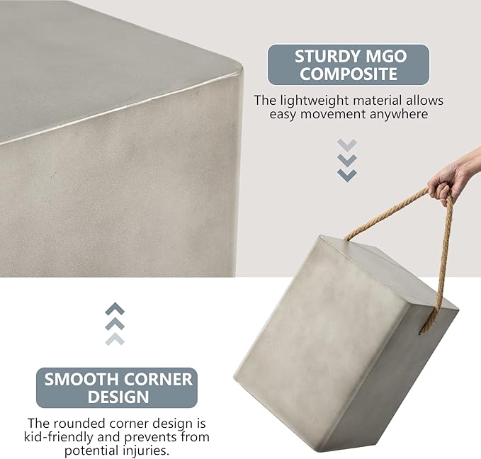 COSIEST Set of 2 Concrete Side Table, Rectangular Outdoor Side Table w Hemp - Image 5