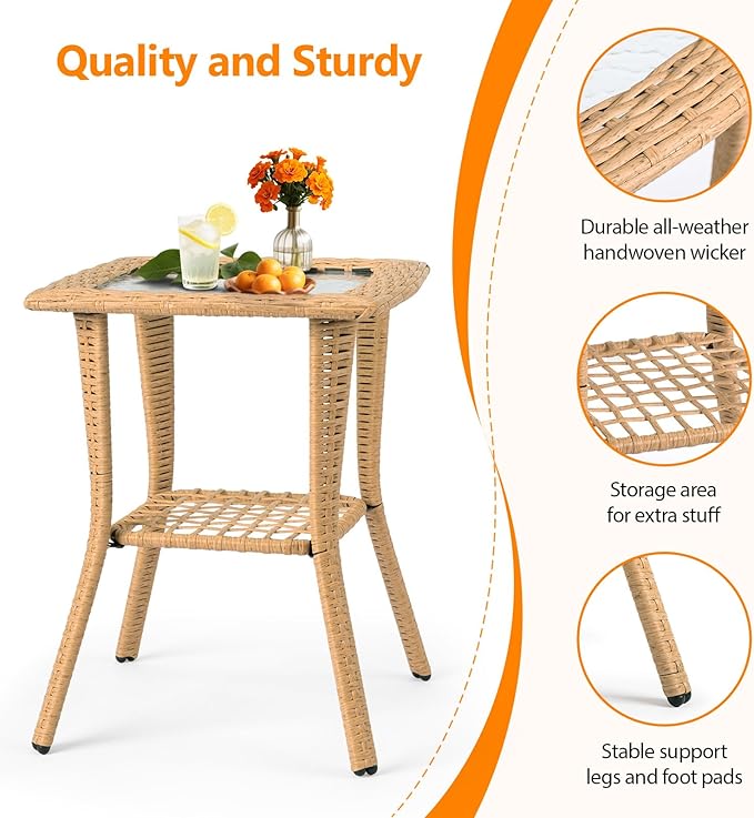 VINGLI Outdoor Side Table with Storage Wicker Patio Side Table, Tempered Glass - Image 5
