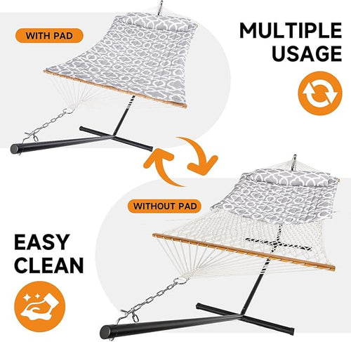 2 Person Outdoor Hammock with Stand, Cotton Rope Hammock with Polyester Pad - Image 2