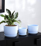 Ton Sin Sky Blue Ceramic Flower Pots, Modern Indoor Decorative Plant Pots Set - Image 2