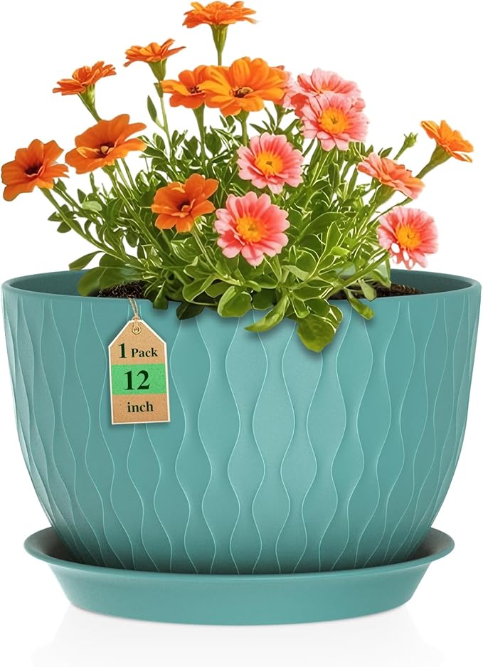 12 Inch Large Plant Pots for Indoor or Outdoor Plants, Wide Water Ripples by WSMKSZ