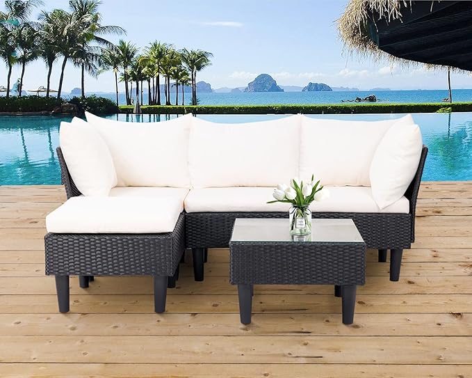 5 Pieces Patio Furniture Sets Outdoor Sectional Sofa Rattan Chair Wicker - Image 5