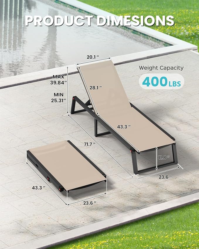 Aluminum Chaise Lounge Outdoor Set of 2, Foldable & No Assembly Patio Pool - Image 2