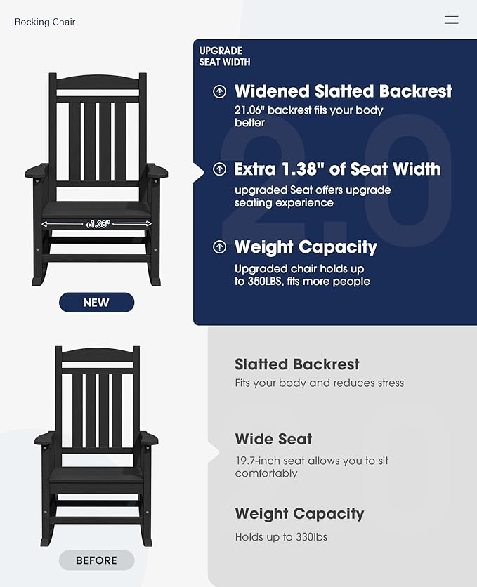 KINGYES HDPE Outdoor Rocking Chair, Widened Seat Patio Rocking Chair, Oversized - Image 4