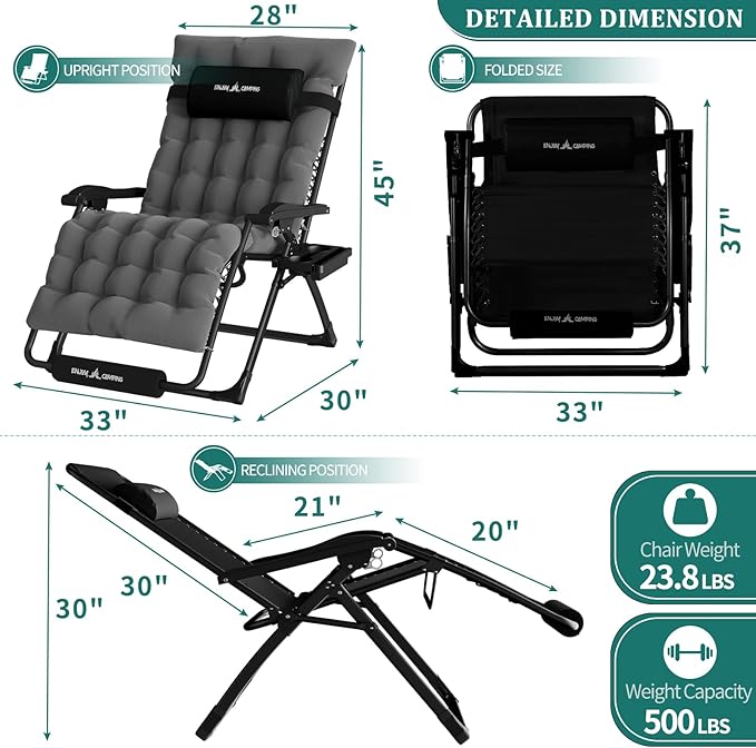 UDPATIO Oversized Zero Gravity Chair Set of 2, 33In XXL Patio Reclining Chair - Image 3