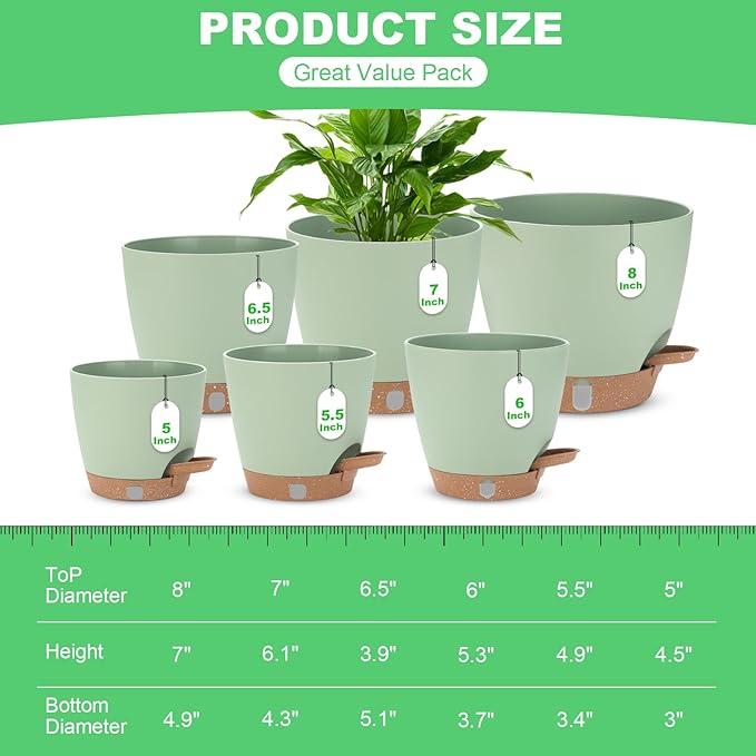 Self Watering Planter Set with Visual Water Level, Modern 8+7+6.5+6+5.5+5 Inch - Image 2