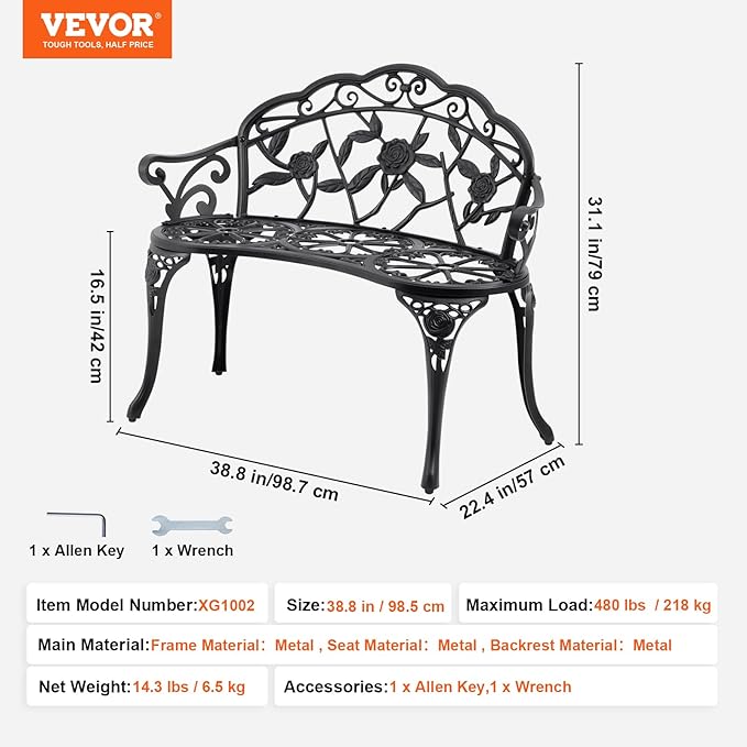 VEVOR 480 lbs Load Capacity, 38.8 inches Metal, Outdoor Backrest and Armrests - Image 3