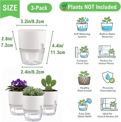 3.2 Inch Self Watering Planters Plastic Planter Pots 3 Pack Wicking Flower Pots - Image 2