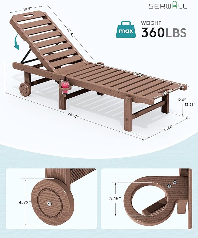 SERWALL Outdoor Chaise Lounge Set of 8, HDPE Pool Lounge Chairs - Image 2