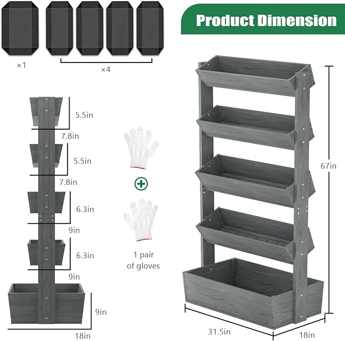 SUNYRISY 5 Tiers Vertical Raised Garden Bed Outdoor Planter Tower, Wooden - Image 3
