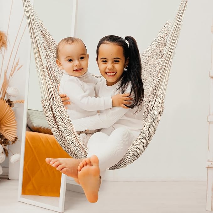 Barydat 2 Pcs Hanging Hammock Chair Boho Swing Chair Indoor Outdoor Cotton Rope - Image 5