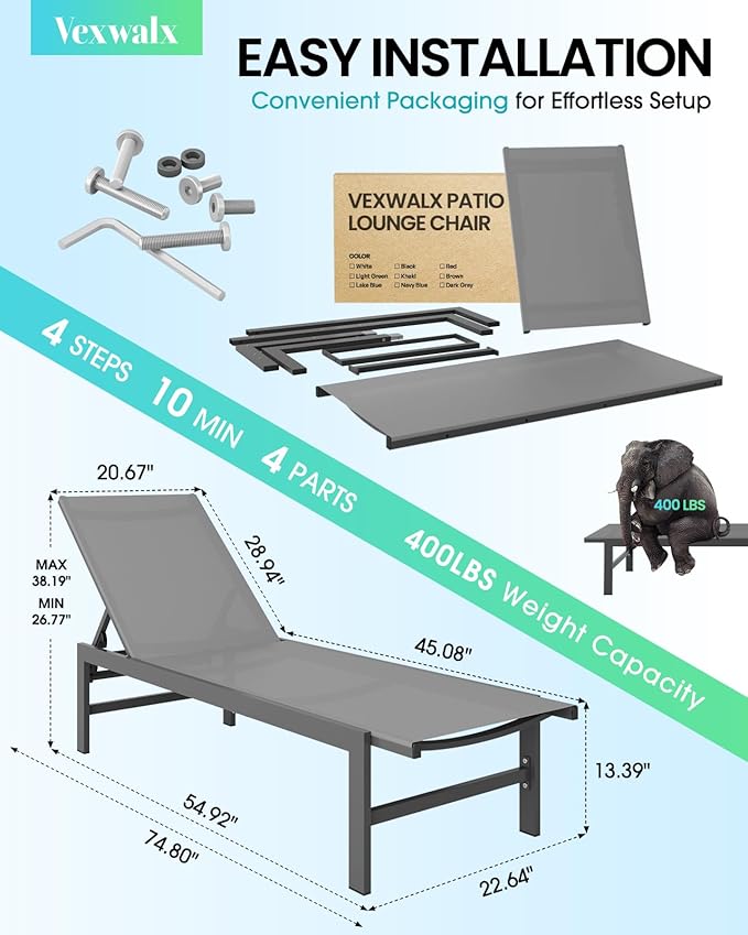Outdoor Lounge Chairs Set of 2, Aluminum Patio Chaise Lounge Chairs - Image 3