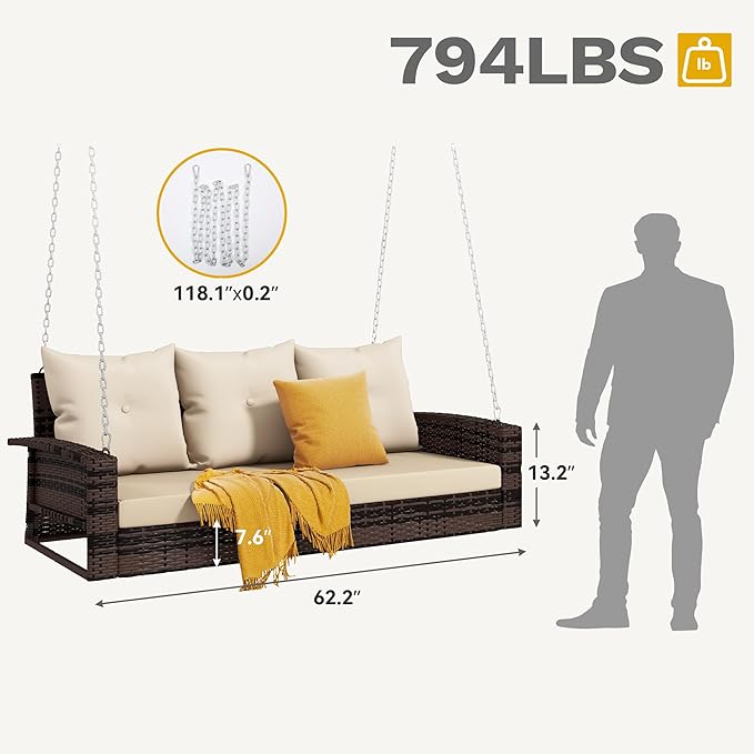 DWVO 3 Seats Porch Swing Hanging Bench Swing Outdoor Wicker Patio Swing Lounge - Image 5