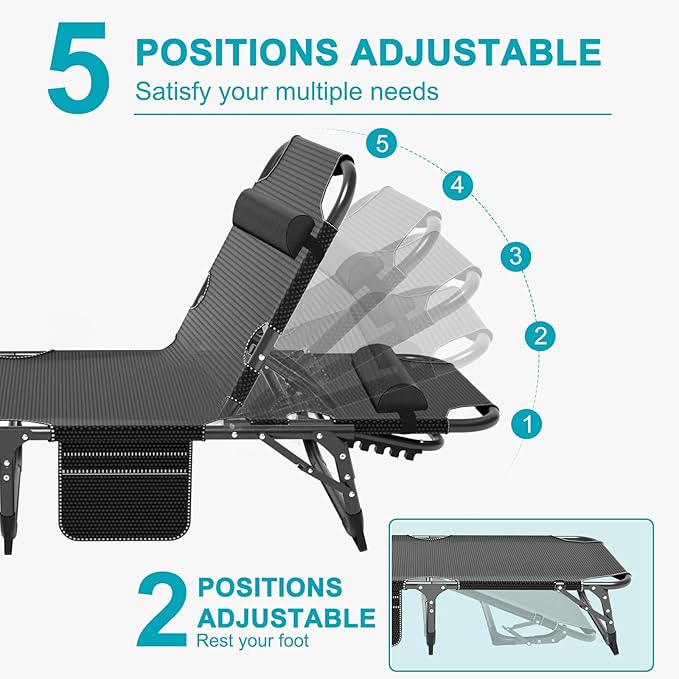 ABORON Chaise Lounge Chair, 5 Positions Padded Outdoor Tanning Chair, Heavy - Image 4