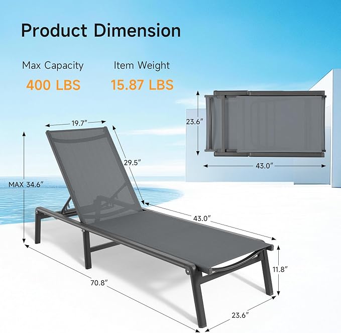 ONBRILL Aluminum Chaise Lounge Chair Outdoor, Foldable & Assembly Free Outdoor - Image 2