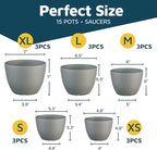 Gray Plant Pots with Drainage Holes & Saucers 15 Pack, Indoor & Outdoor - Image 2