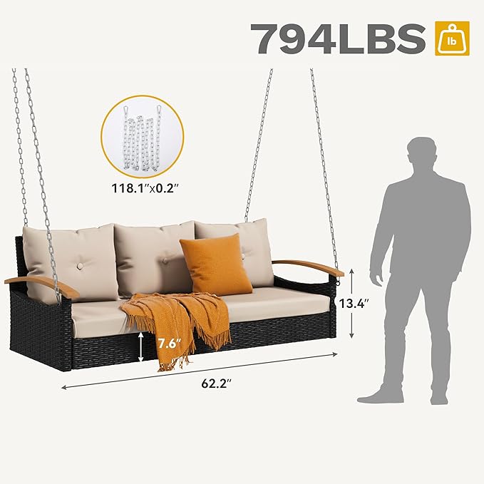 DWVO 3 Seats Porch Swing Hanging Bench Swing Outdoor Wicker Patio Swing Lounge - Image 5