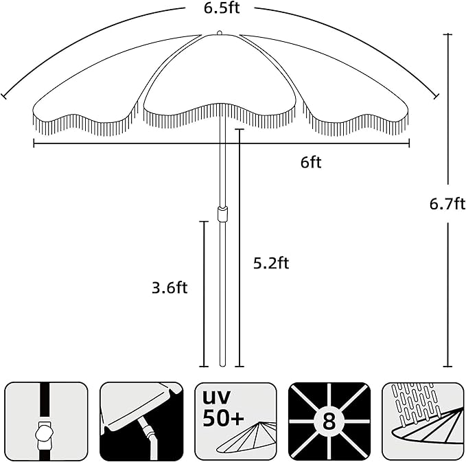 AMMSUN Boho Fringe Umbrella Outdoor Patio, 6.5ft UPF50+ Picnic Umbrella - Image 6