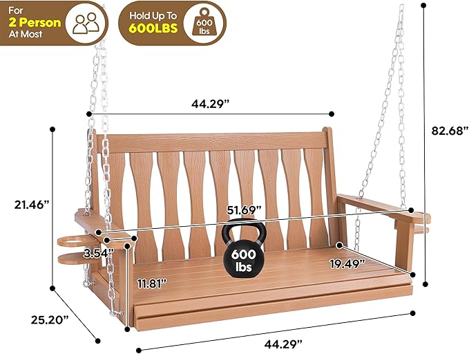HIPS All-Weather Outdoor Hanging Porch Swing, 2 Seat Hanging Swing Bench - Image 2